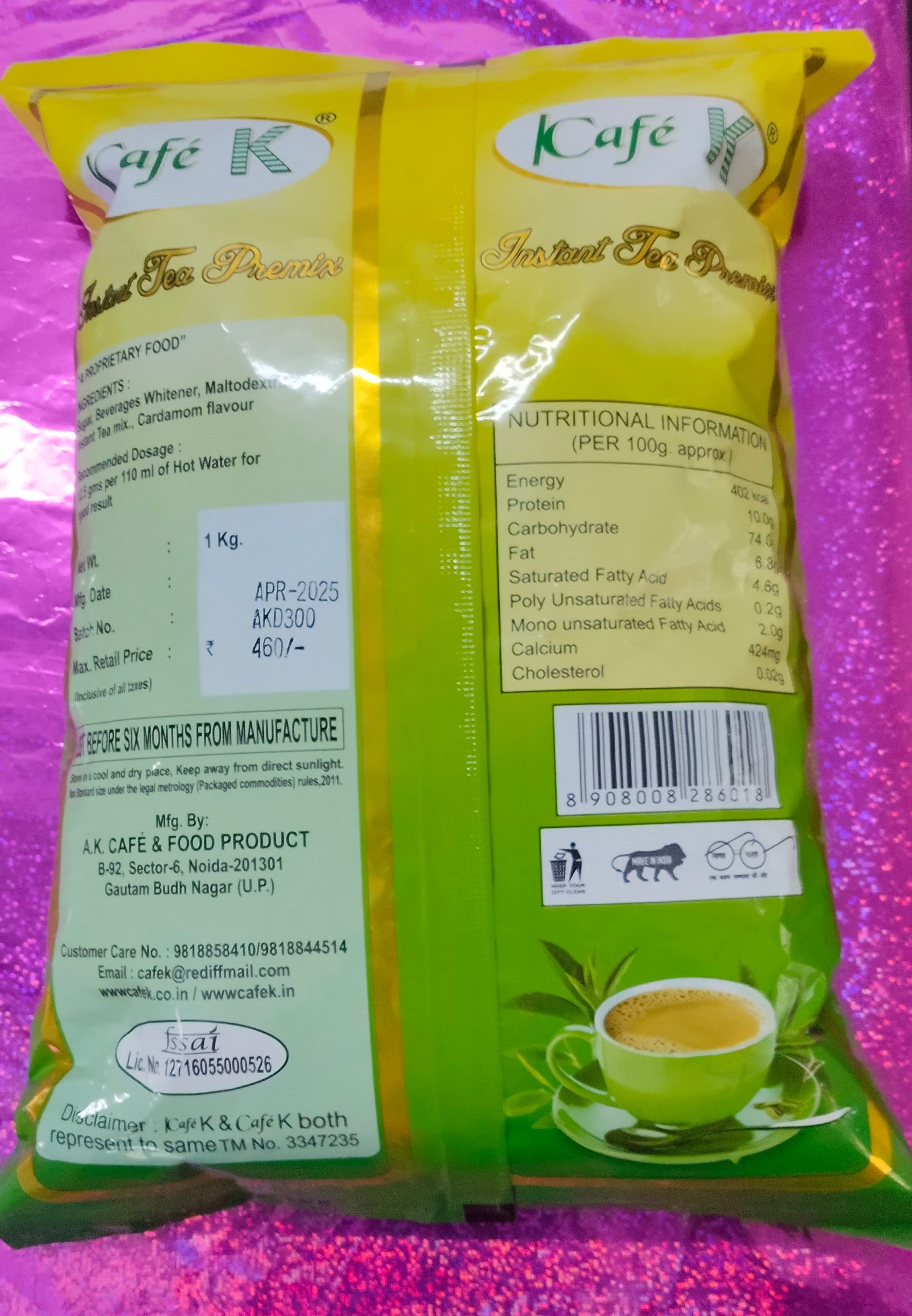 Cafe K Instant Tea Premix cardamom flavor packet 1kg with nutritional information and cup of tea image