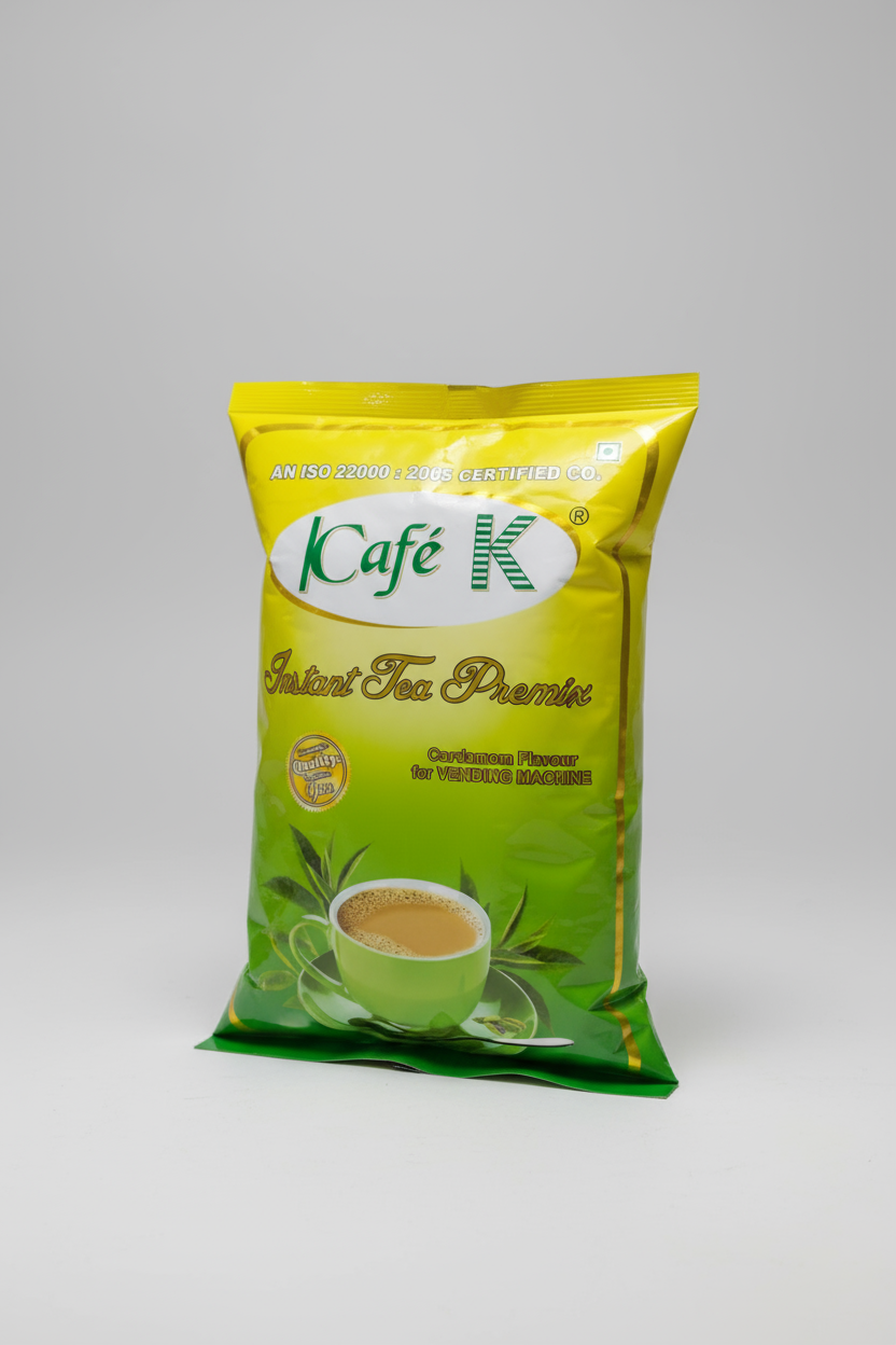 Café K instant tea premix cardamom flavor package with cup of tea on green and yellow bag