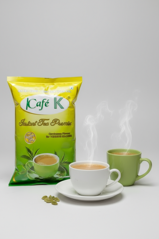 Cafe walla cafek tea premix cardamom package with two steaming cups of tea and cardamom pods