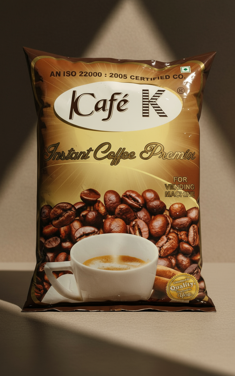 Café K instant coffee premix packet with coffee beans and cup of brewed coffee cafek coffee premix