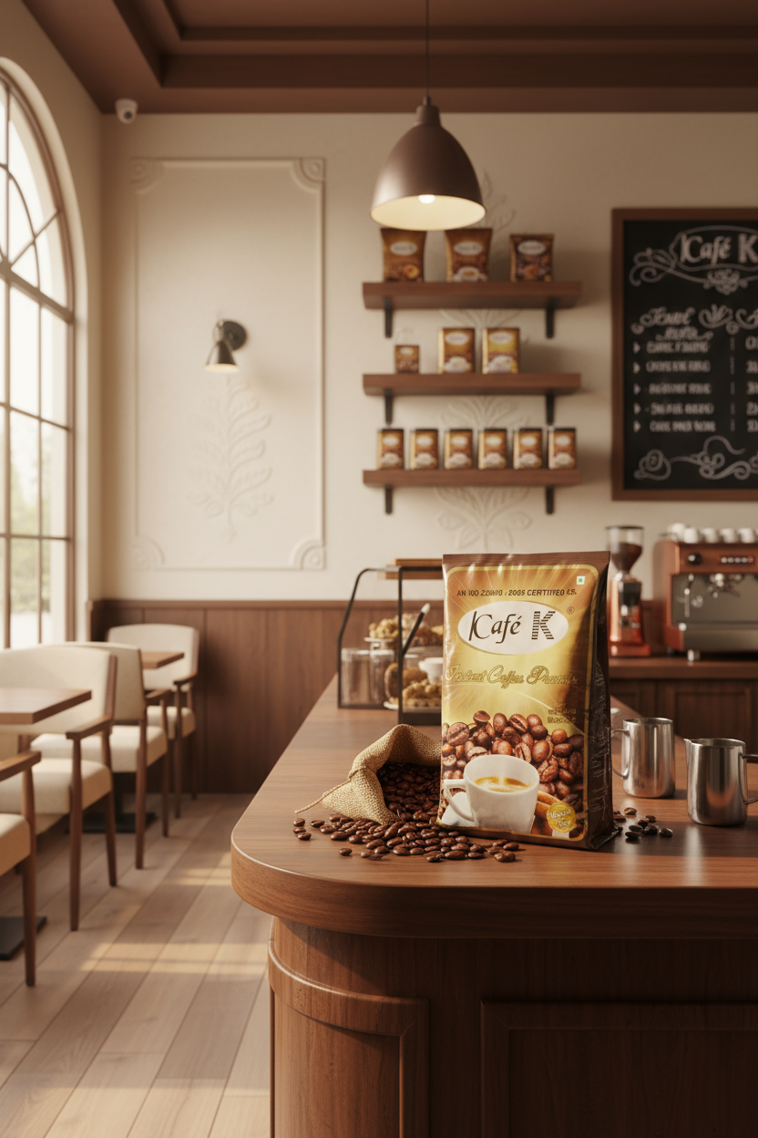 Cafek coffee premix package displayed on a wooden counter with coffee beans in a cozy cafe setting