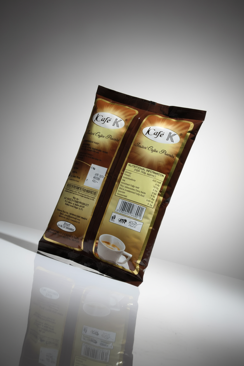 Coffee Walla Kafe K cafek coffee premix packets with gold and brown packaging displayed on reflective surface