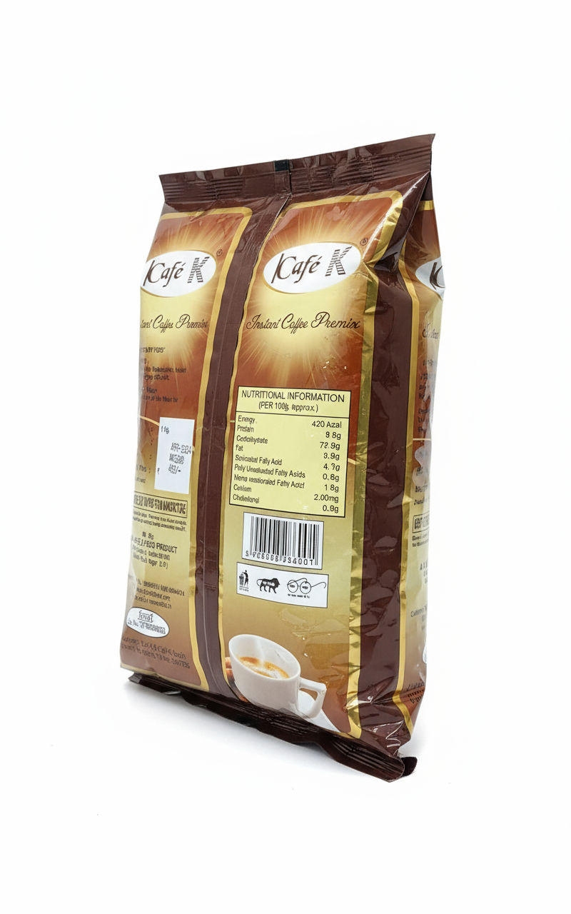 Cafe K Indian coffee premix 250g package by Coffee walla with nutrition facts and coffee cup image