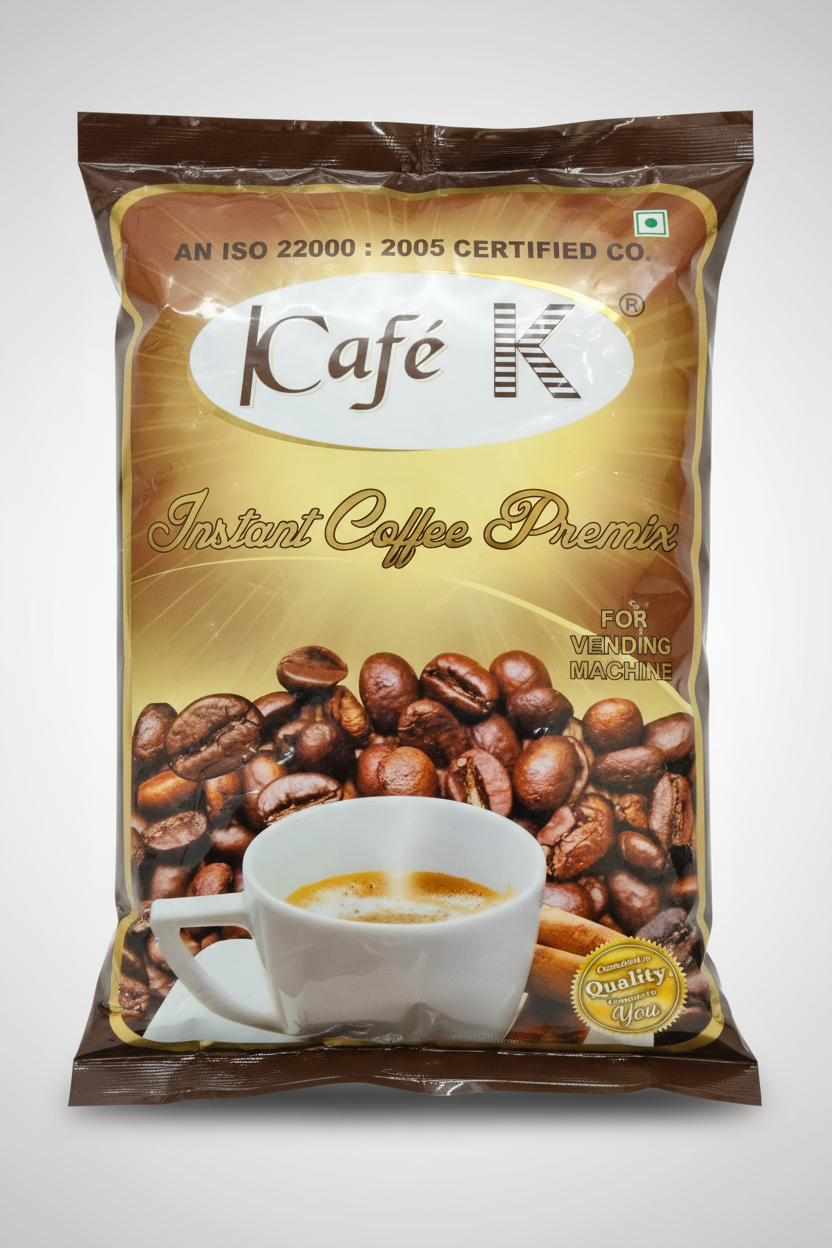 Cafe K instant coffee premix package with coffee beans and a white cup of coffee showcasing cafek coffee premix