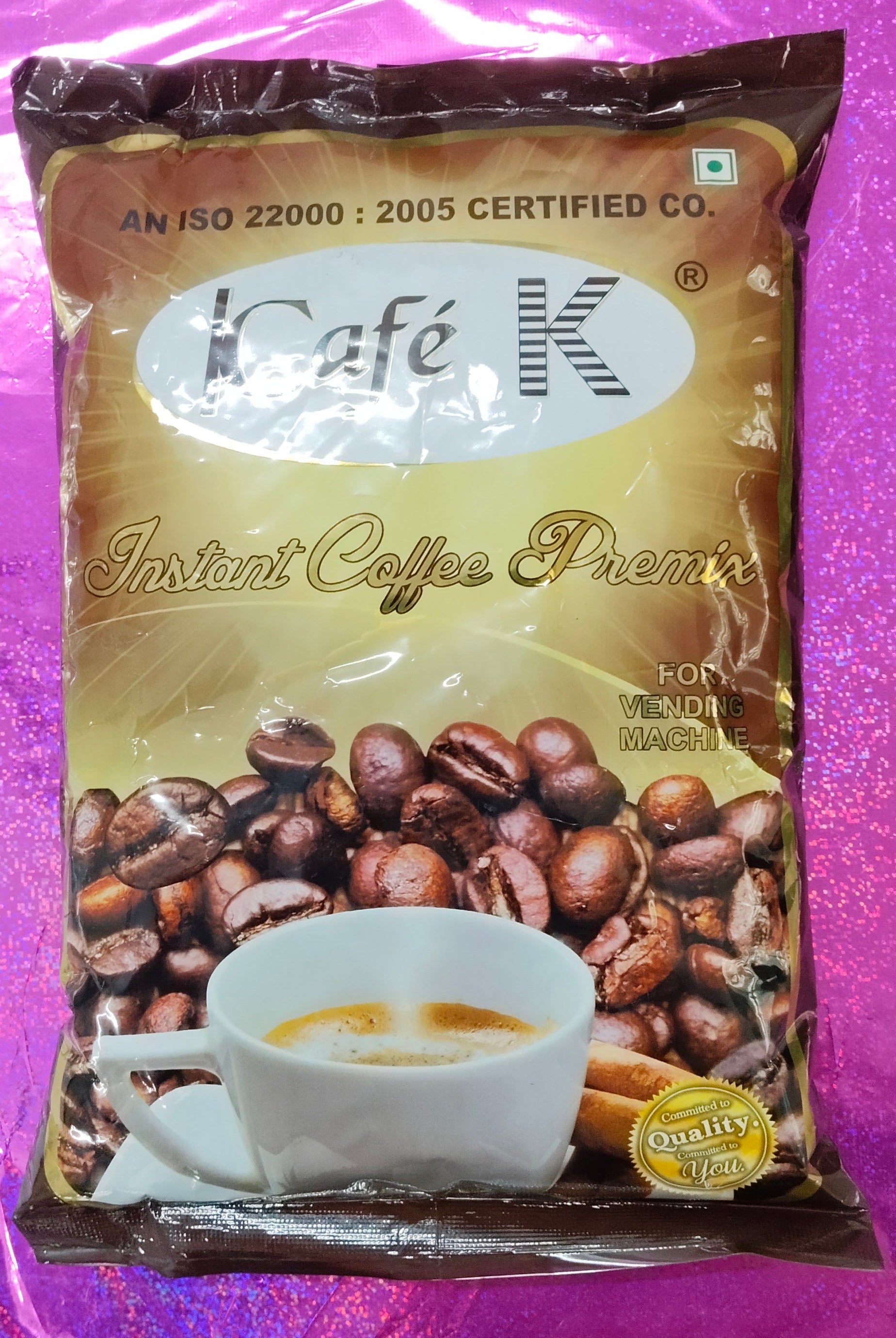 Café K instant coffee premix package with coffee beans and cup of coffee featuring cafek coffee premix
