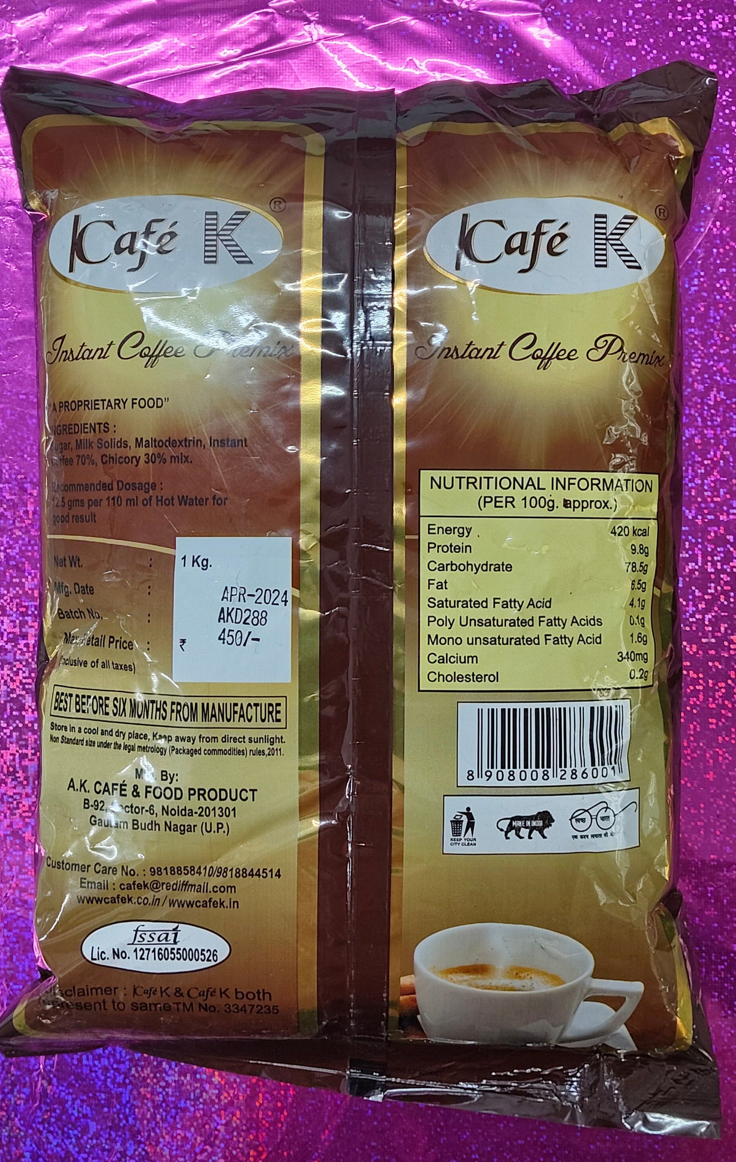 Cafek coffee premix 1kg instant coffee powder pack by Coffee walla with nutritional information and coffee cup image