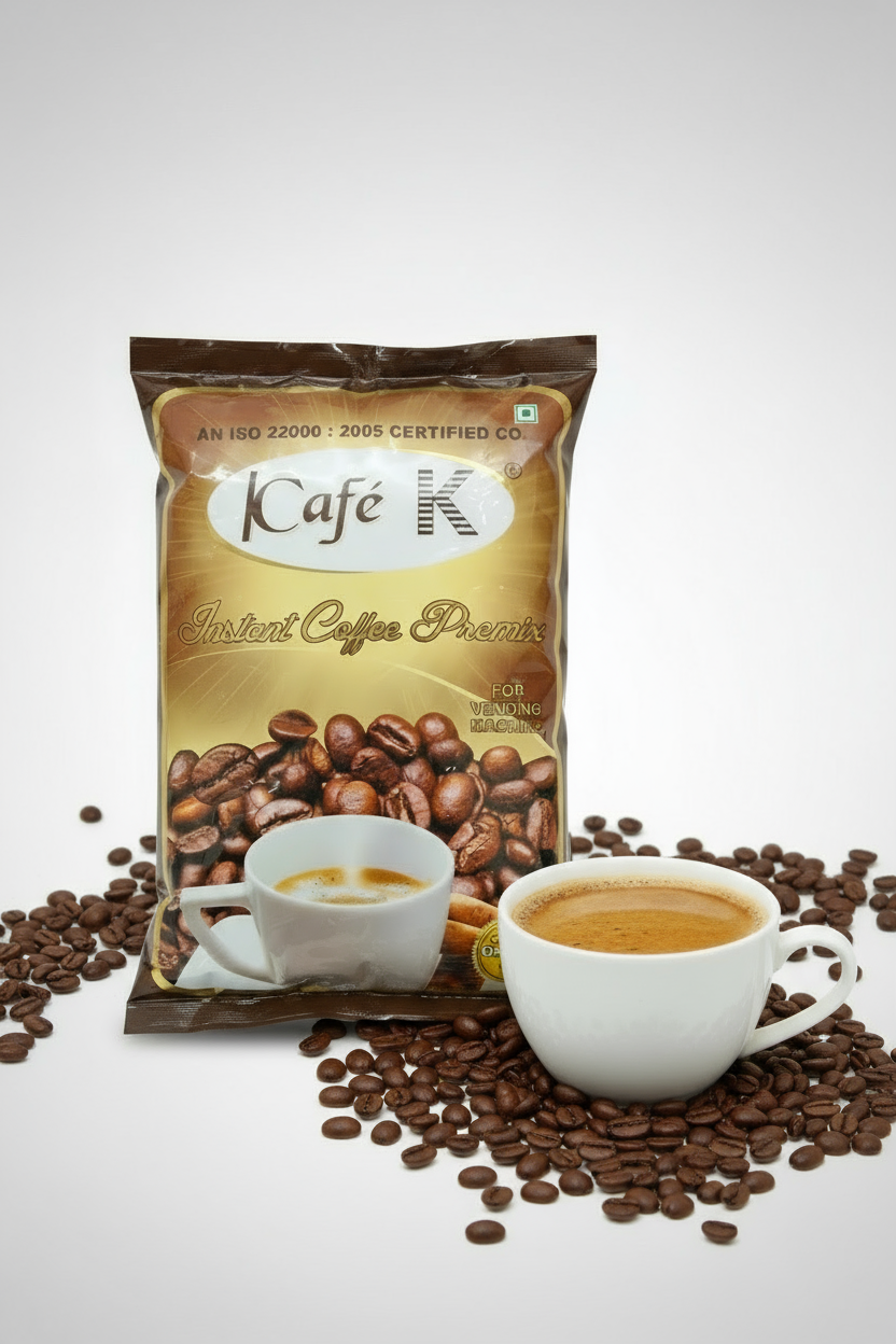 Cafek coffee premix by Coffee walla with a white cup of coffee on scattered coffee beans