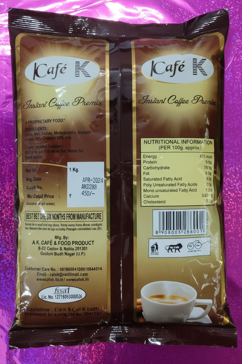 Cafek coffee premix 1kg pack by Coffee walla with nutritional information and cup of coffee image