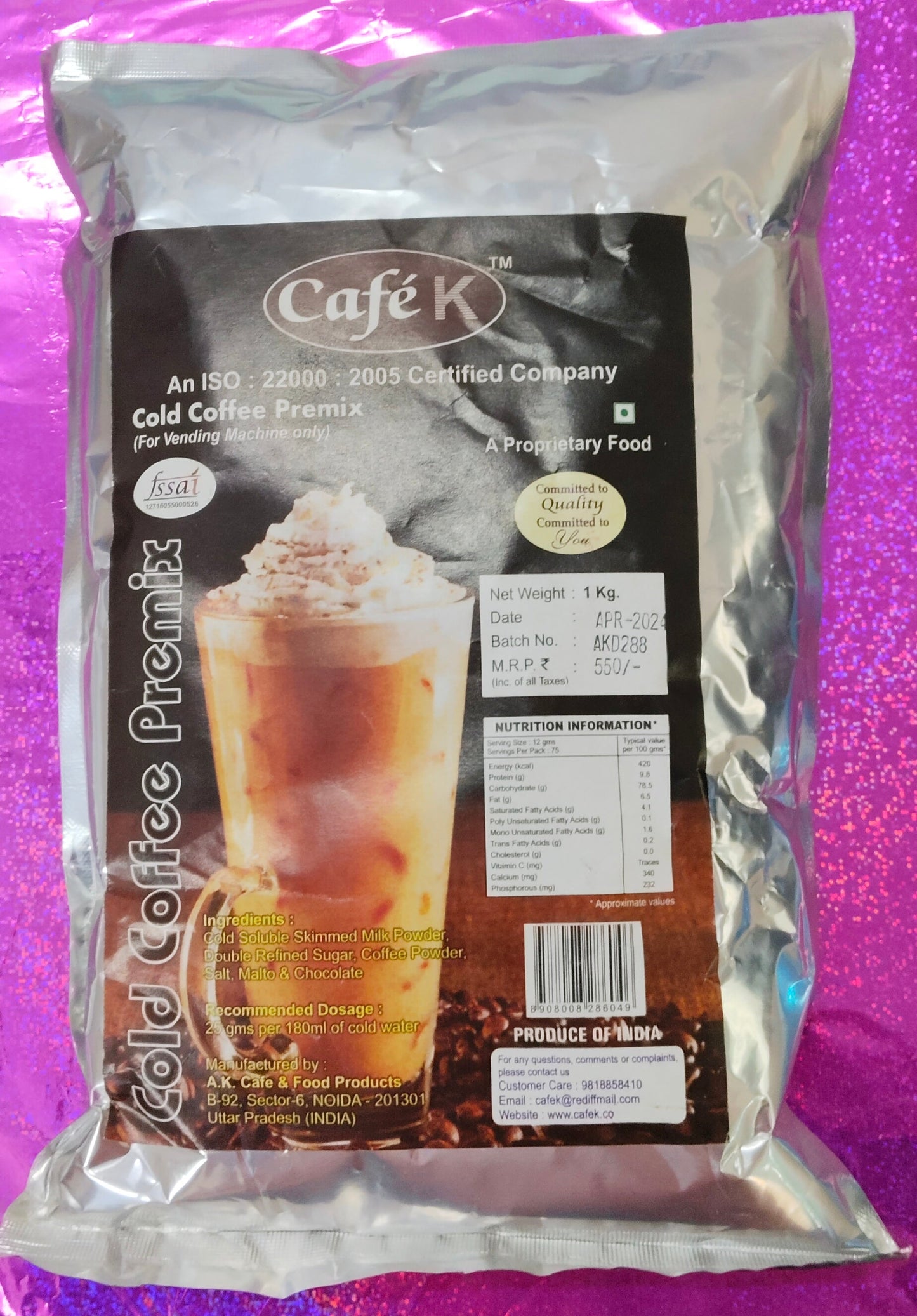 CafeK cold coffee premix package by Coffee walla with an image of a cold whipped coffee drink