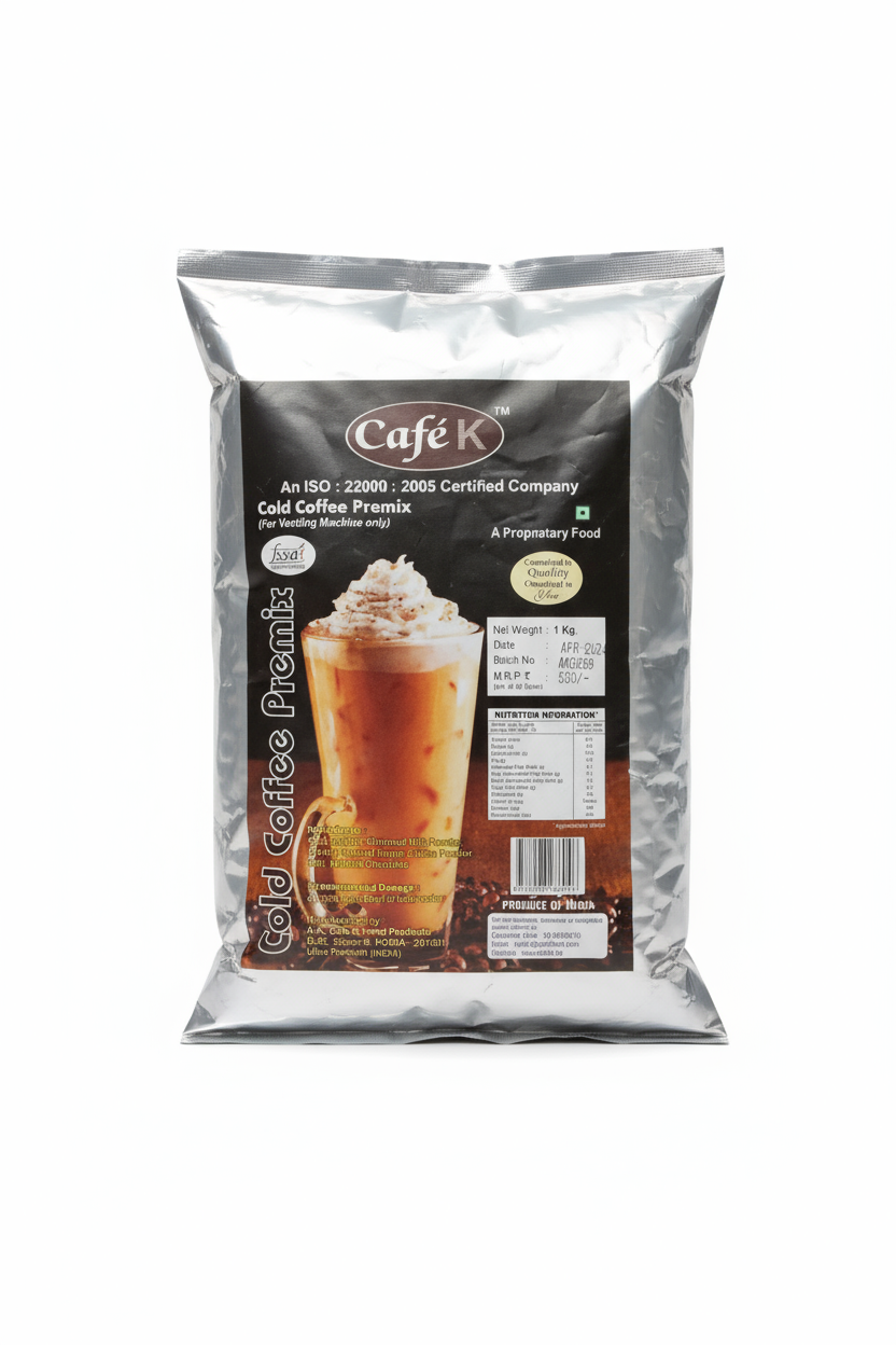 CafeK cold coffee premix silver pouch by Coffee walla with image of iced coffee topped with whipped cream