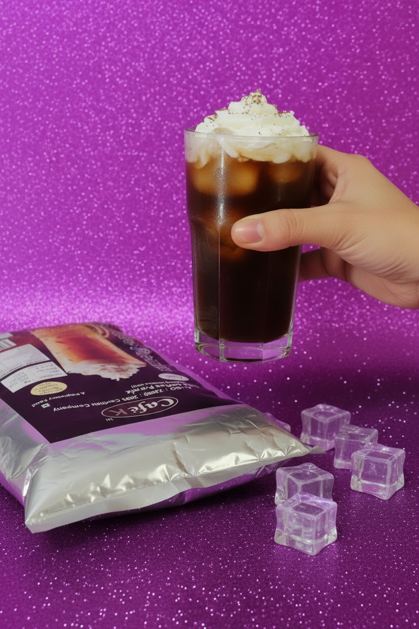 Hand holding glass of iced coffee topped with cream beside Coffee walla CafeK cold coffee premix packet and ice cubes