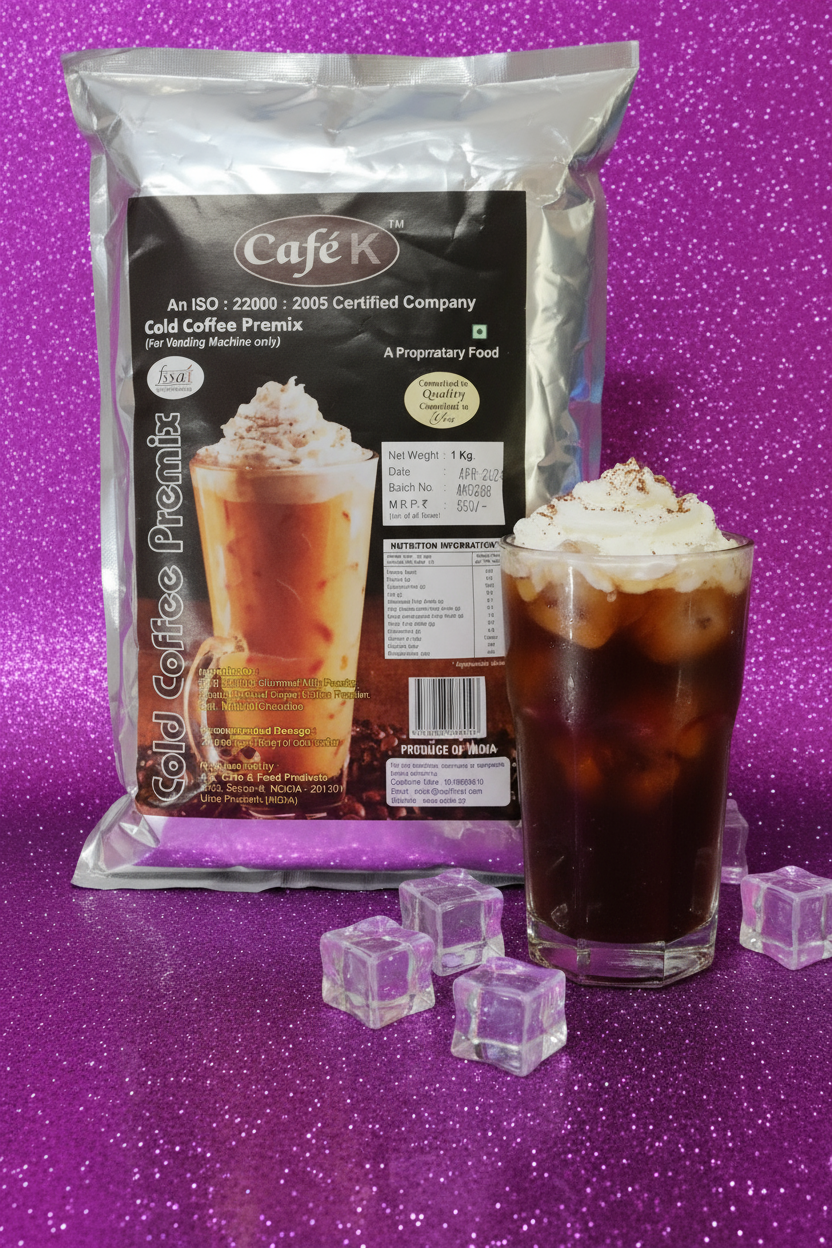 CafeK cold coffee premix pack by Coffee walla next to a glass of iced cold coffee topped with whipped cream