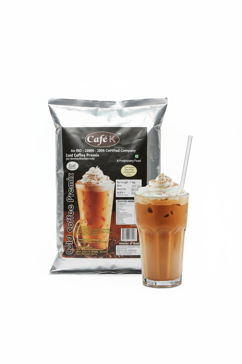 CafeK cold coffee premix by Coffee walla with iced coffee topped with whipped cream and a straw