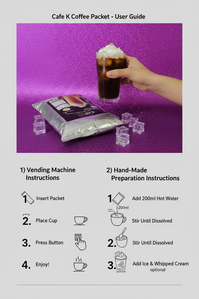 CafeK cold coffee premix packet with a hand holding a glass of iced coffee topped with whipped cream