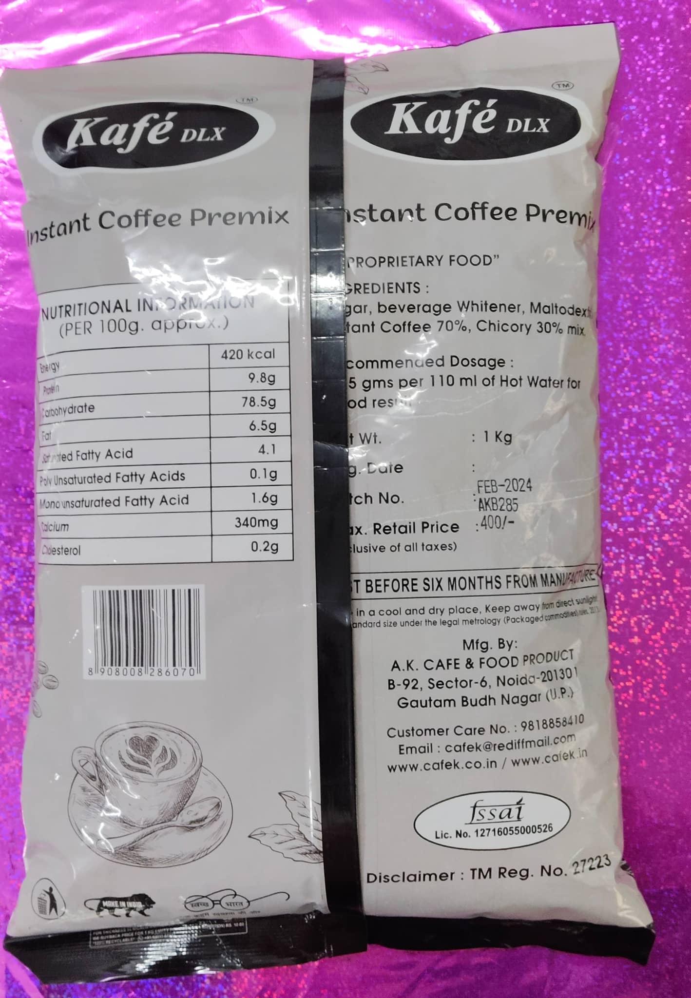 Coffee walla cafek deluxe instant coffee premix package showing nutritional information and product details