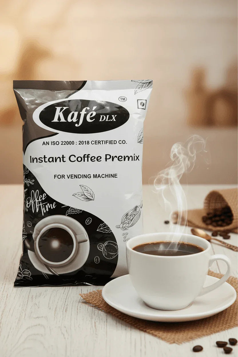 Cafek deluxe instant coffee premix packet by Coffee walla with steaming cup of black coffee on wooden table