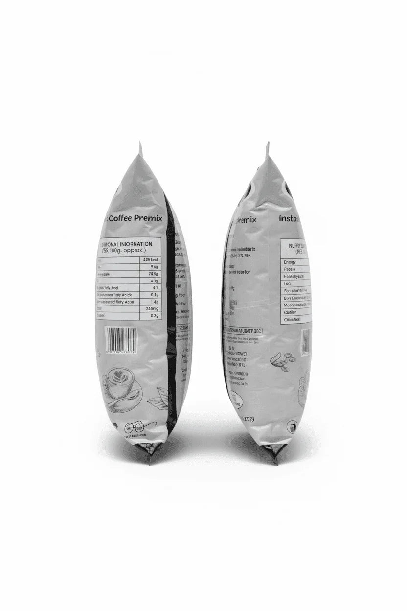 Back view of Coffee Walla cafek deluxe instant coffee premix silver packages showing nutrition facts and product details