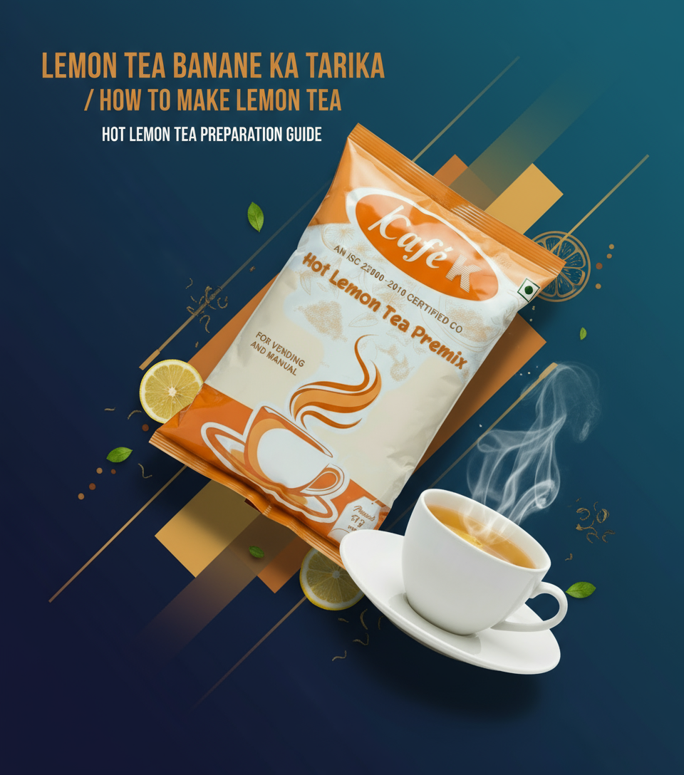 CafeK lemon tea hot lemon tea premix packet with steaming cup of lemon tea and lemon slices