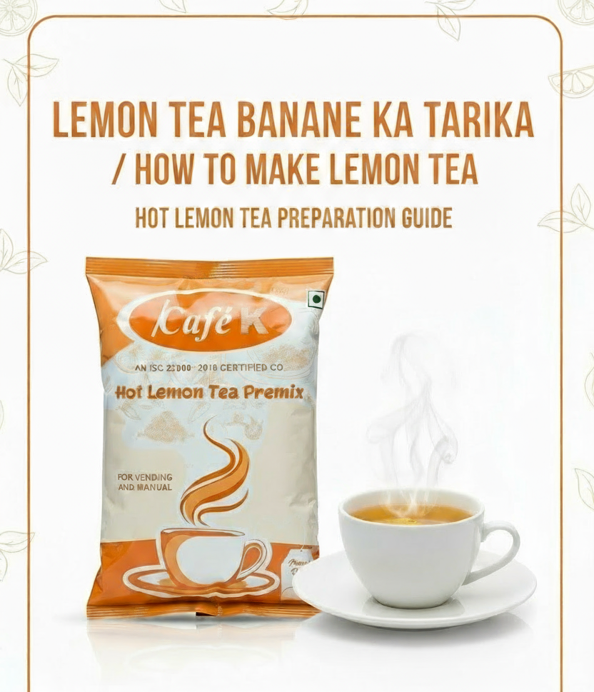 CafeK lemon tea hot lemon tea premix packet with steaming cup of lemon tea on white saucer