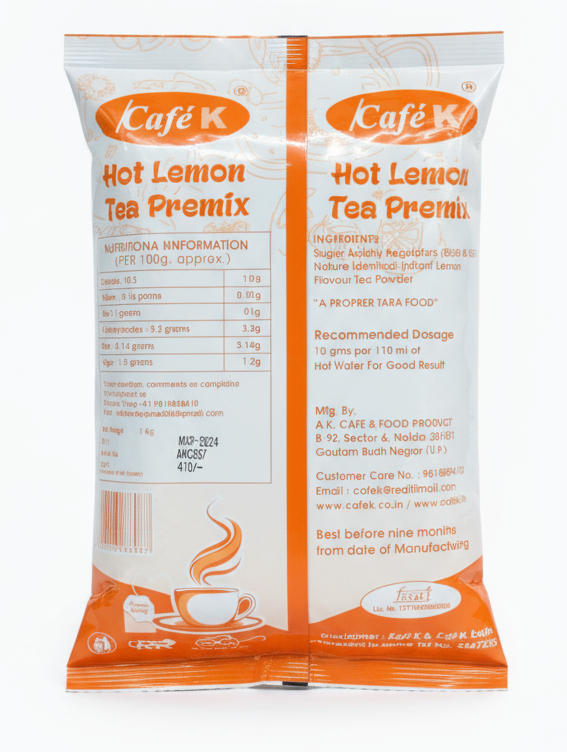 CafeK lemon tea Hot Lemon Tea Premix powder pack with preparation instructions and ingredients