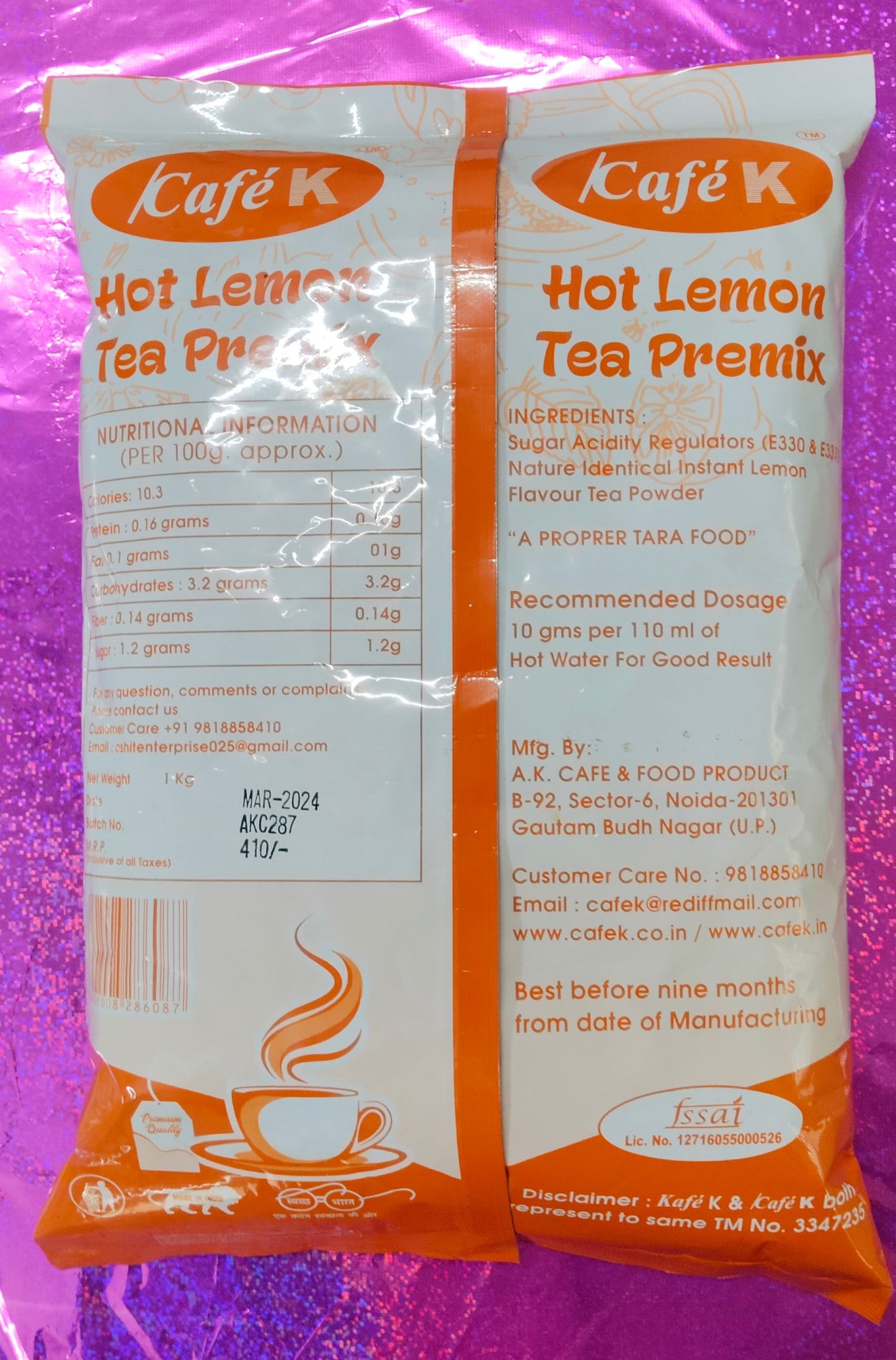 CaféK Hot Lemon Tea Premix packet by Coffee Walla with recommended dosage and nutritional info