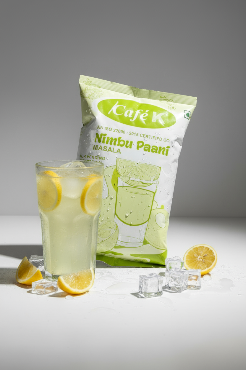 Nimbu paani premix for vending machines by Coffee walla with a glass of lemon drink and ice cubes