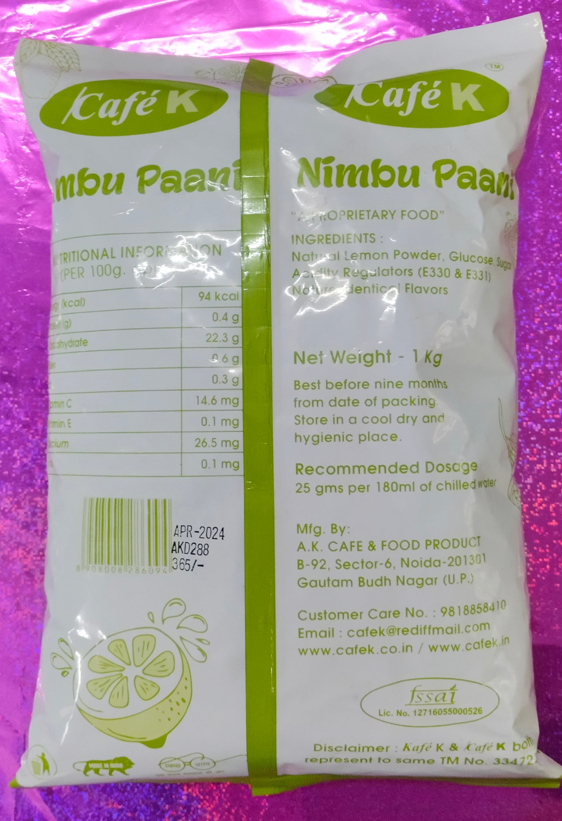 Cafe K Nimbu Paani premix for vending machines 1 kg pack with lemon flavor and ingredients label