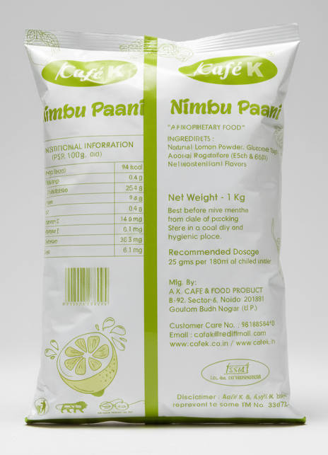 Coffee walla Nimbu paani premix for vending machines 1 kg white pouch with nutritional information
