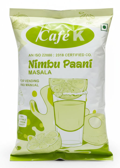 Cafe K nimbu paani premix for vending machines in green and white packaging with lemon illustration