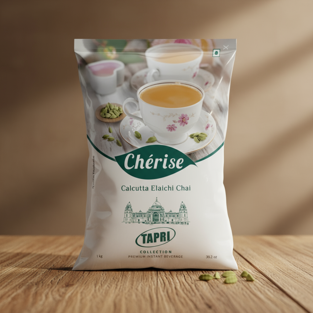 Chérise Calcutta Elaichi chai premix packet with cup of cardamom tea on wooden surface