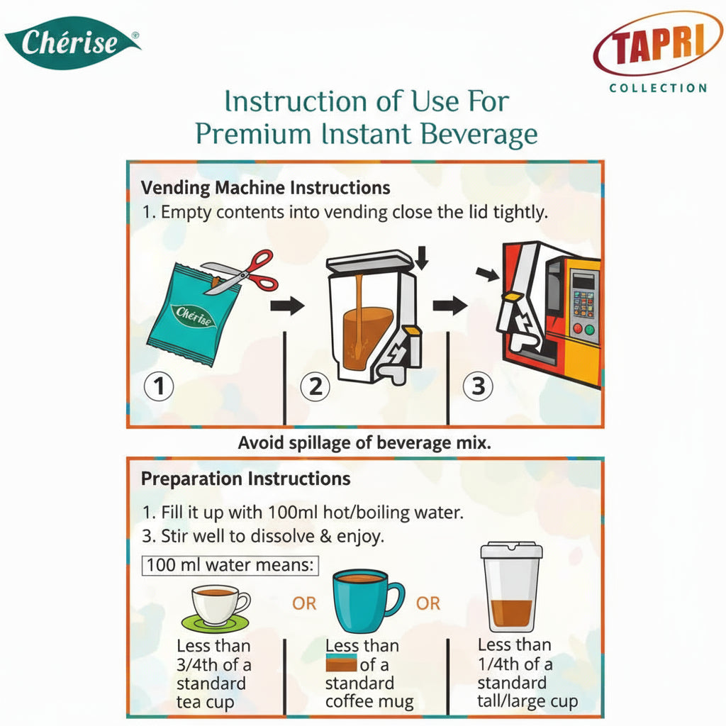 Instruction guide for vending machine and preparation of Calcutta Elaichi chai premix beverage