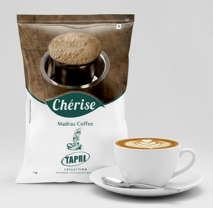 Cherise Madras Coffee TAPRI Collection instant Madras coffee pouch 1kg with cup of latte on saucer and spoon