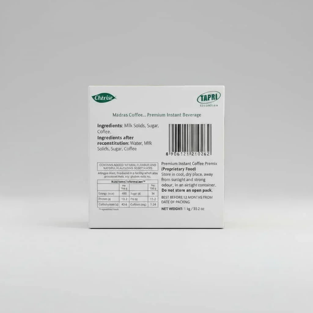 Madras coffee premix for vending machines package showing ingredients and nutritional information on white background