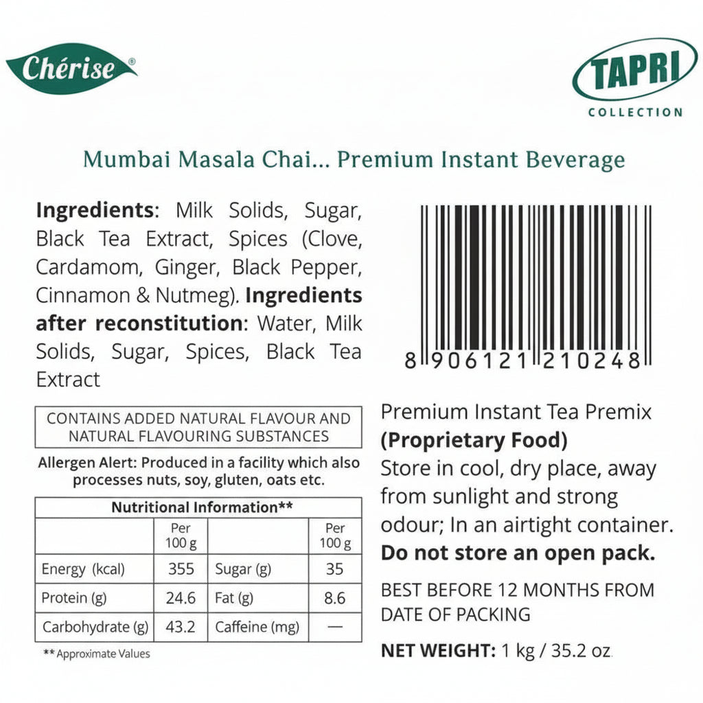 Calcutta Elaichi chai premix label showing ingredients and nutritional information from Tea coffee vending service