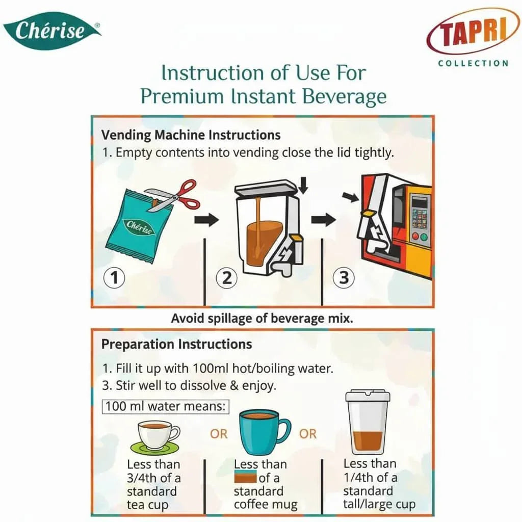 Instruction guide for Cherise Tapri premium chai vending machine and preparation with water measurements