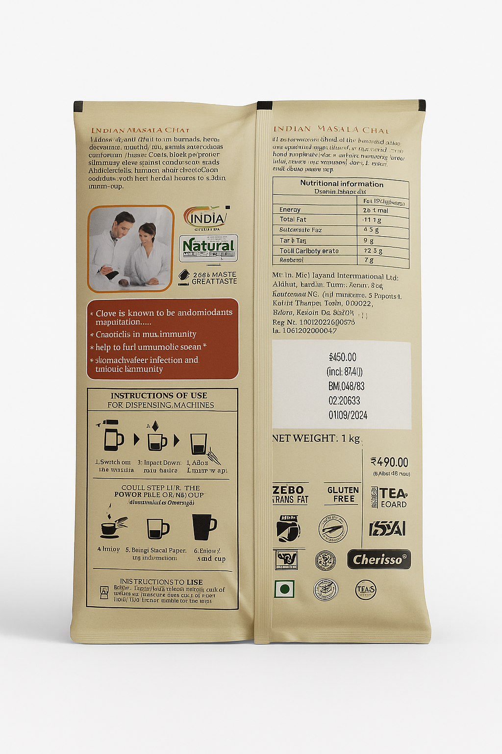 Back view of Indian masala tea premix 1kg packet with nutritional info and usage instructions