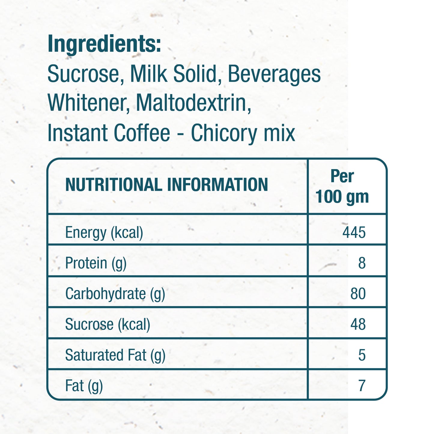 Ingredients and nutritional information label of Atlantis coffee machine Sikkim showing sucrose maltodextrin and instant coffee mix