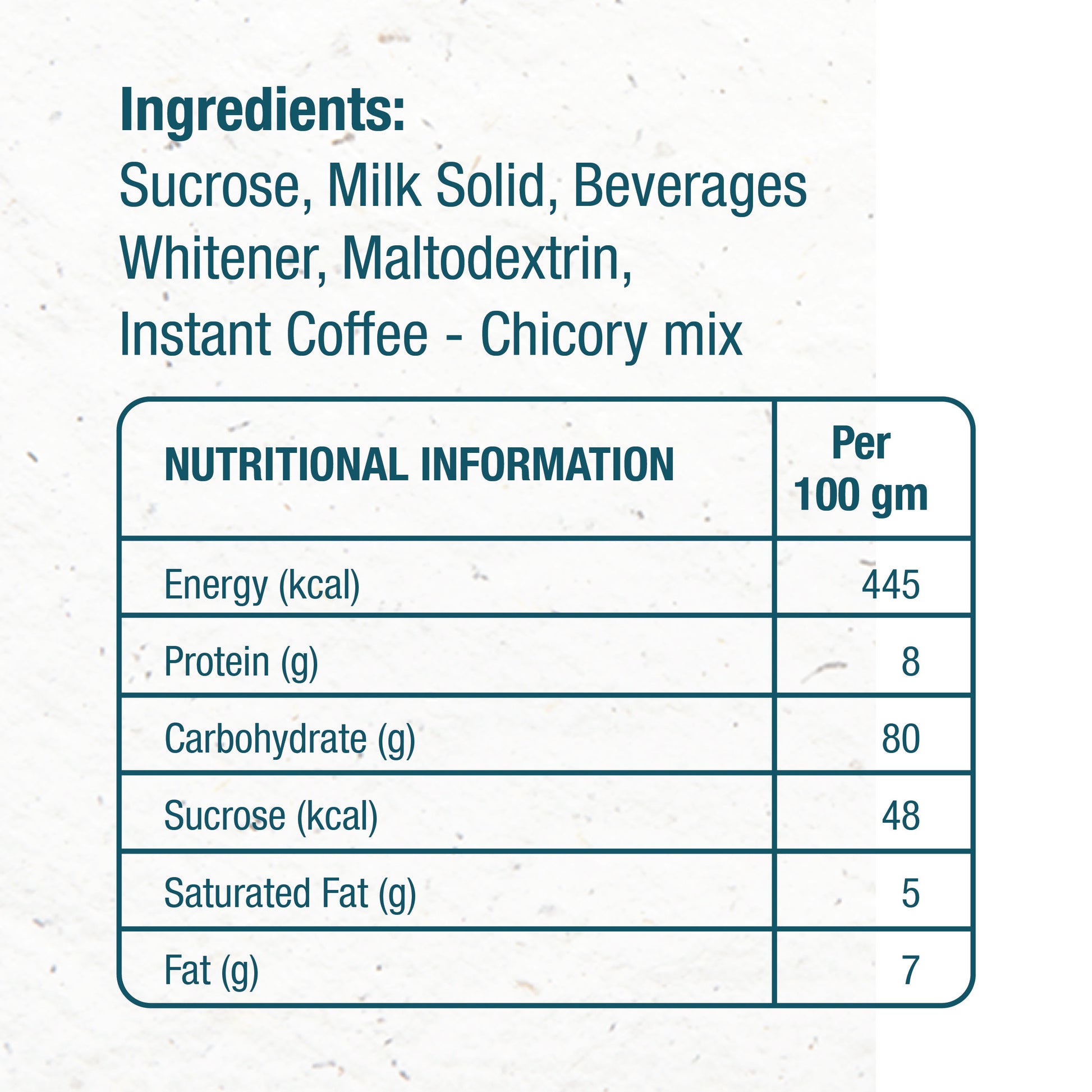 Ingredients and nutritional information label of Atlantis coffee machine Sikkim showing sucrose maltodextrin and instant coffee mix
