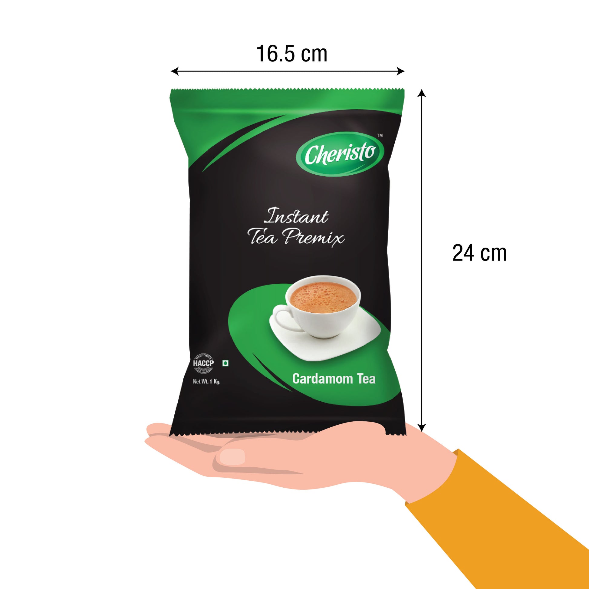 Instant cardamom tea premix packet held in hand with dimensions from TEA COFFEE VENDING SERVICE
