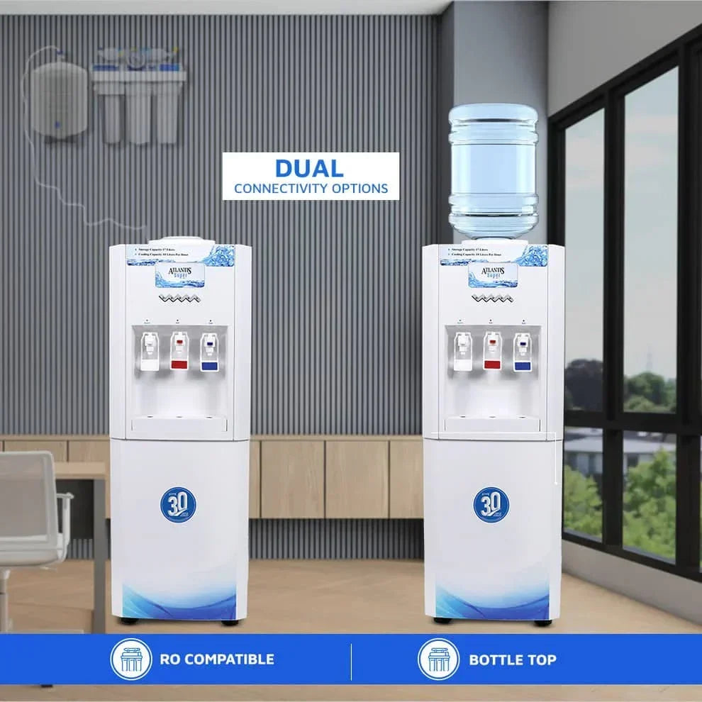 Atlantis super water dispenser showing dual connectivity options with RO compatible and bottle top features