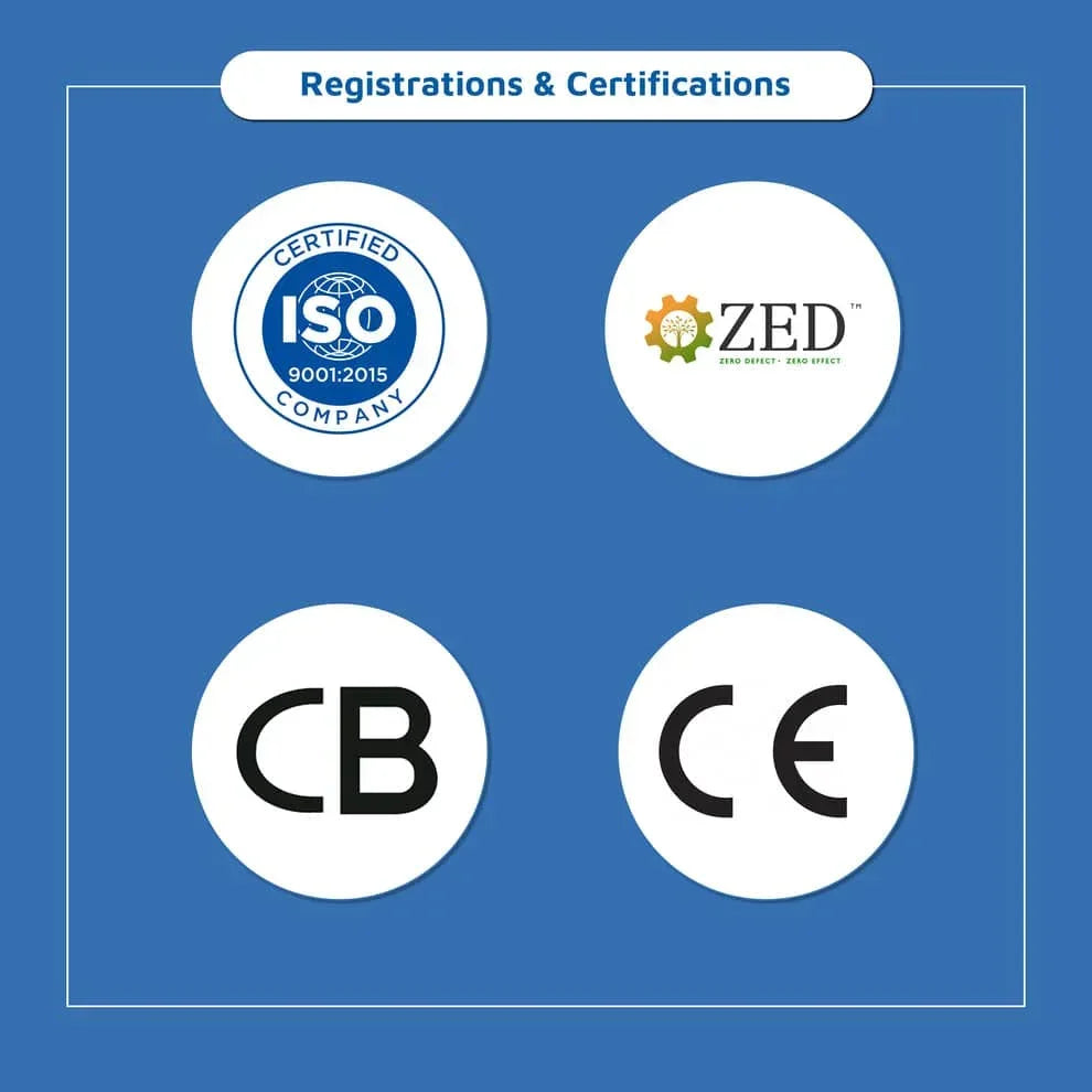 Registrations and certifications logos including ISO 9001 2015, ZED, CB, and CE for coffee vending supplier Hazaribagh