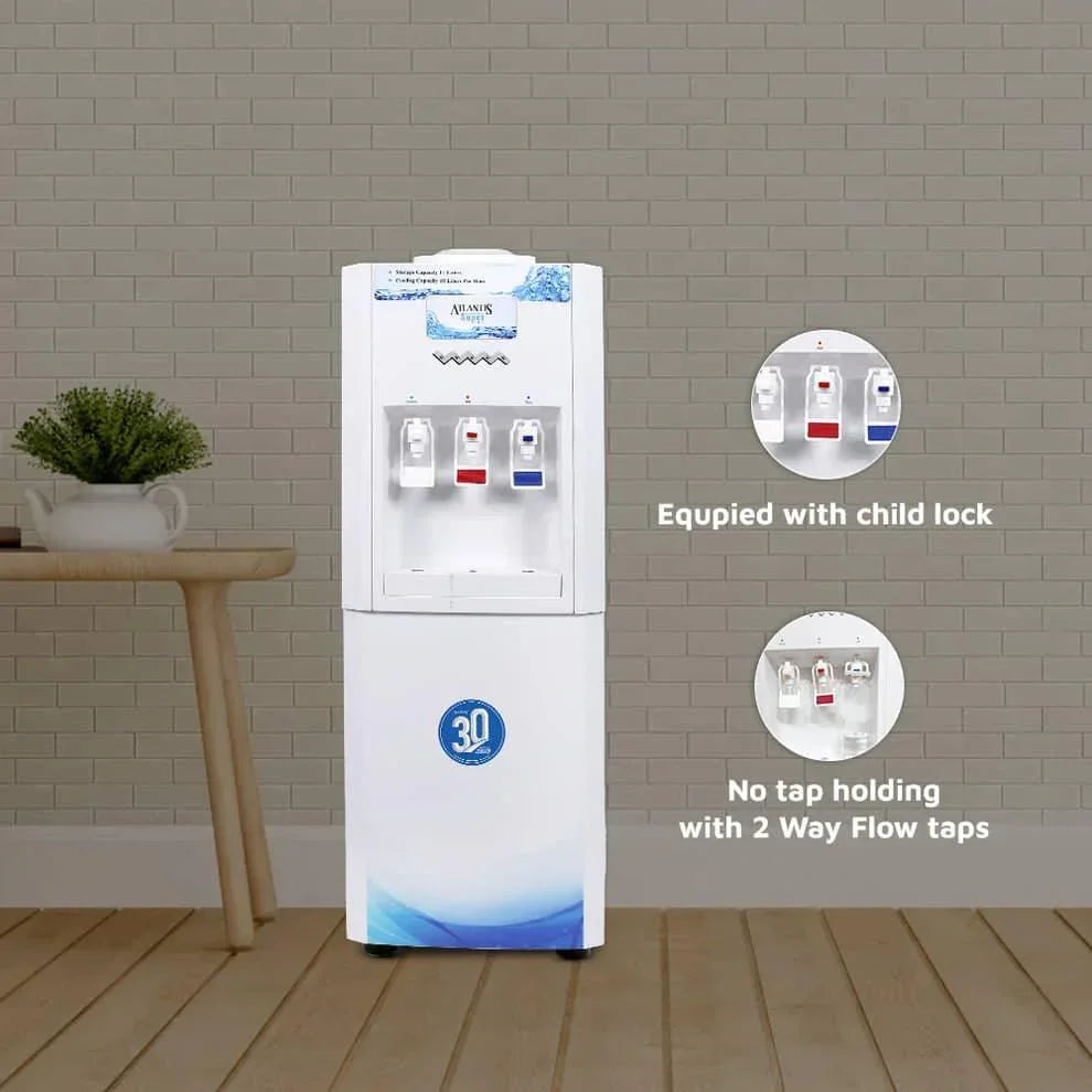 Atlantis super water dispenser white model with child lock and 2 way flow taps for safe water dispensing
