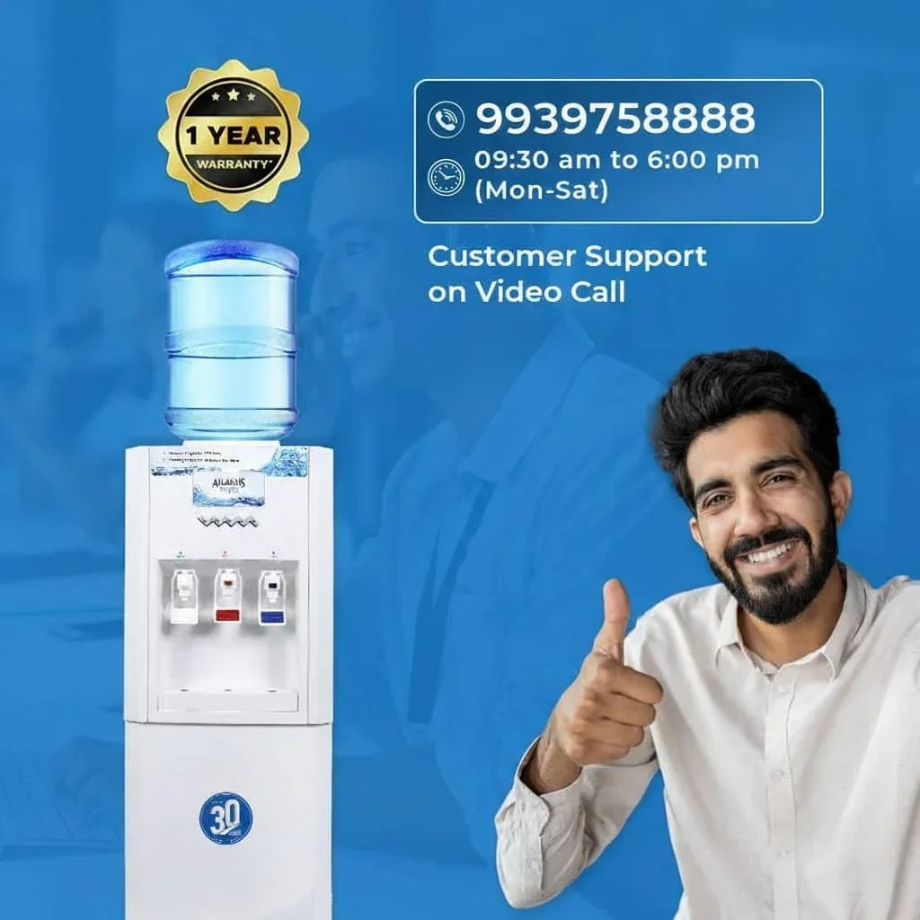 Atlantis super water dispenser with 1 year warranty and customer support contact number displayed