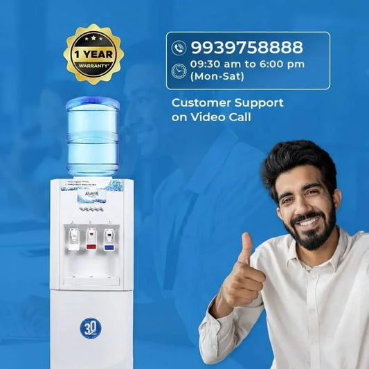 Atlantis super water dispenser with 1 year warranty and customer support contact number displayed