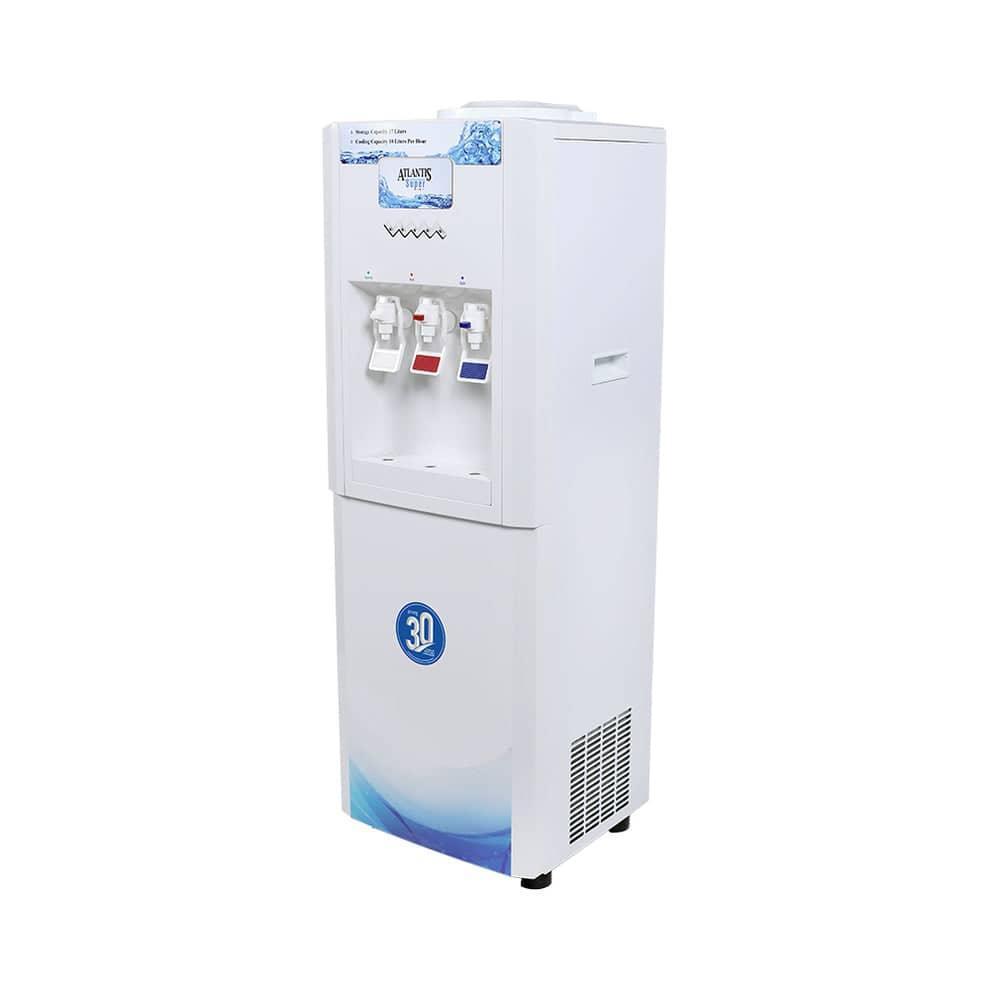 White Atlantis super water dispenser with three taps for hot cold and ambient water