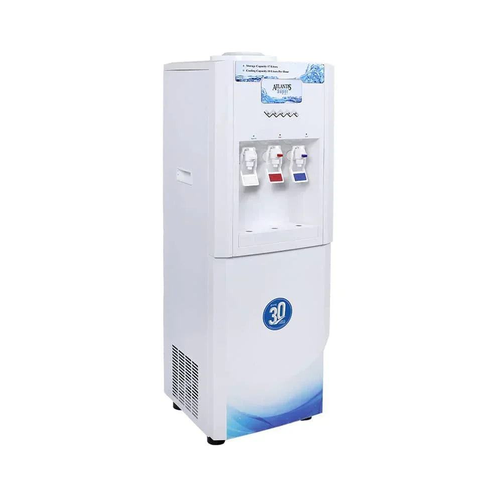 White Atlantis super water dispenser with three taps for hot cold and normal water output