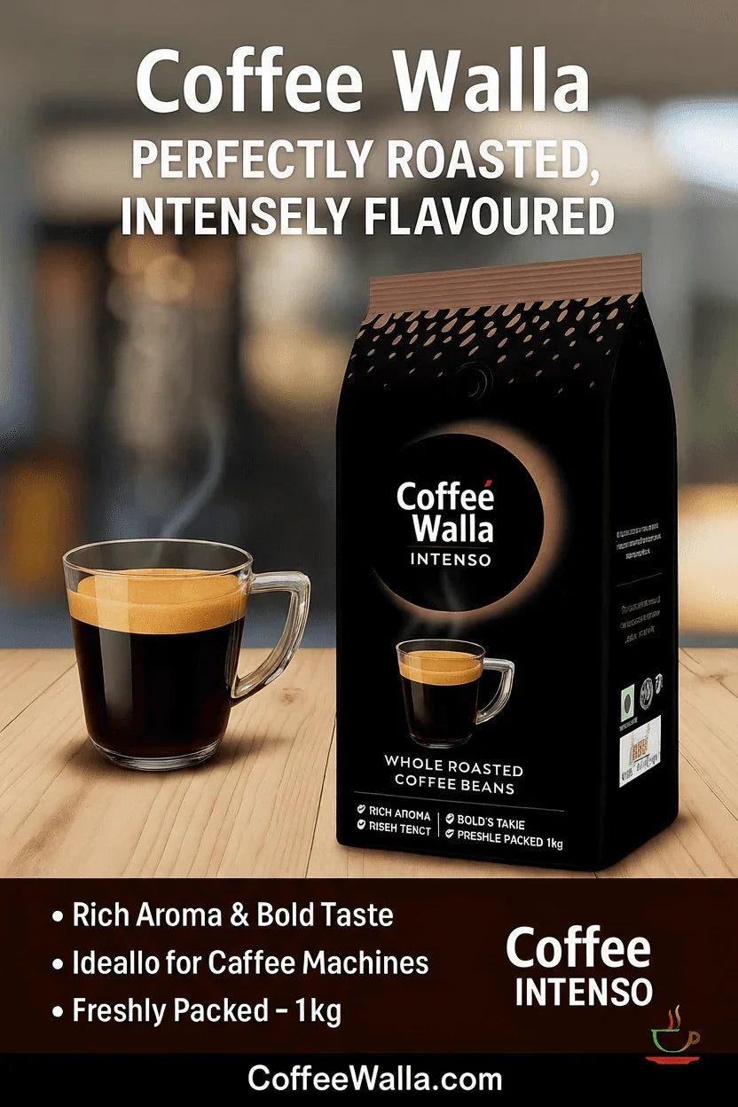 Coffee Walla Intenso whole roasted coffee beans Delhi pack with a fresh brewed cup of coffee on wooden table