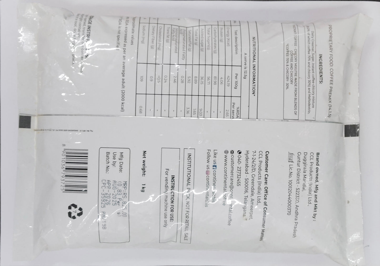 Back view of continental 3 in 1 coffee premix 1 kg packet showing nutritional information and ingredients