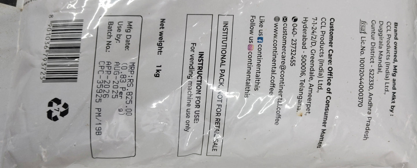 Continental 3 in 1 coffee premix 1 kg pack with manufacturing and expiry details from tea coffee vending service