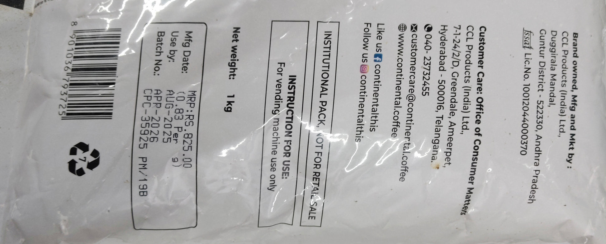 Continental 3 in 1 coffee premix 1 kg pack with manufacturing and expiry details from tea coffee vending service